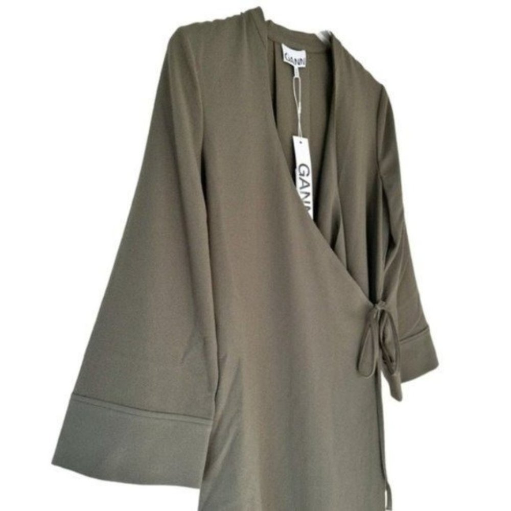Ganni Heavy Crepe Army Green Tie Waist Wrap Midi Dress Size 36 - Picture 4 of 12
